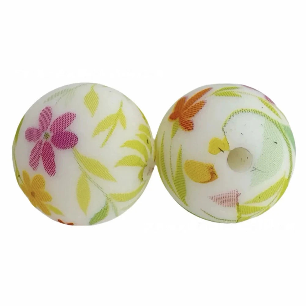 15mm Flowers with Leaves Printed Silicone Bead for DIY Bracelet Keychains