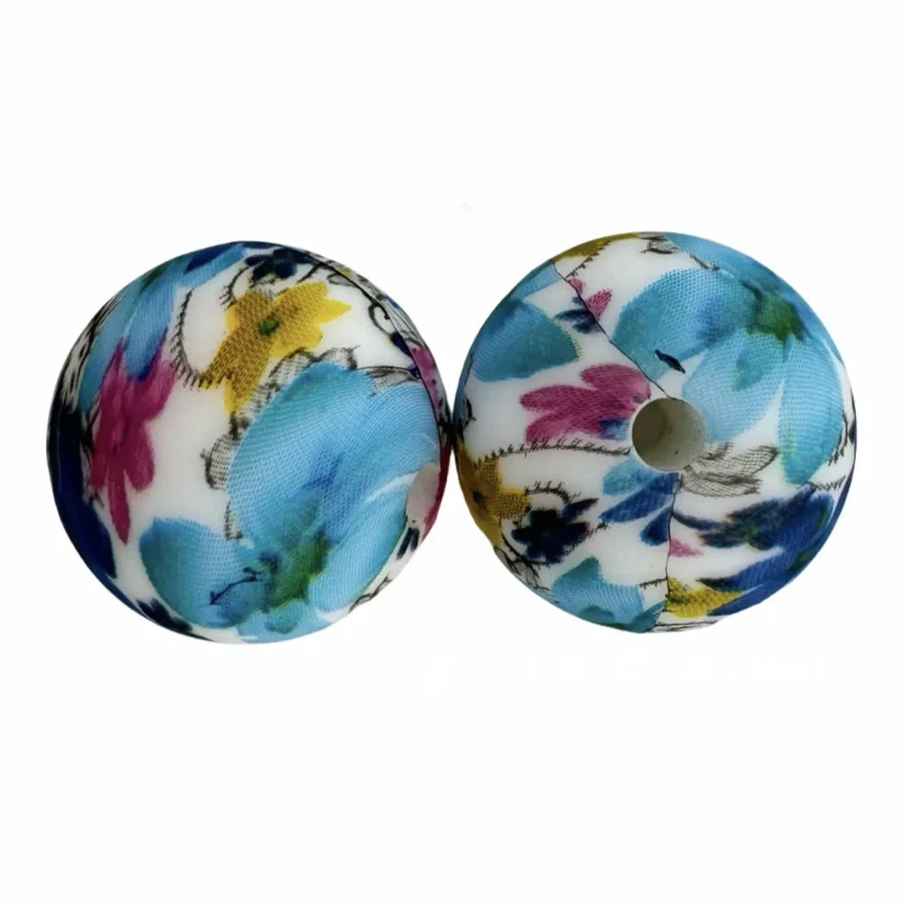 15mm Colorful Flowers Printed Silicone Bead for DIY Bracelet Keychains