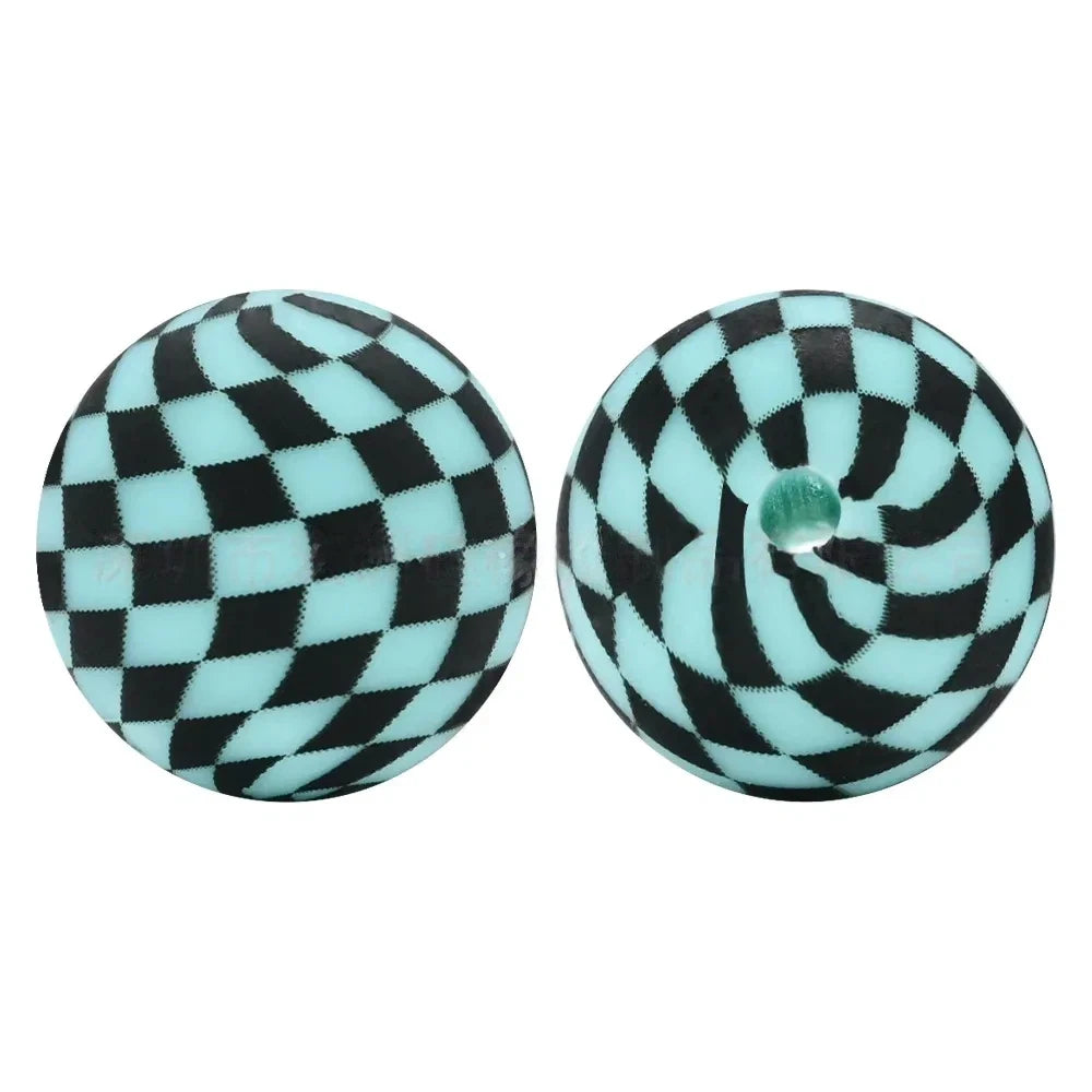 15mm Blue and Black Checkered Pattern Printed Silicone Bead for DIY Pens Keychains