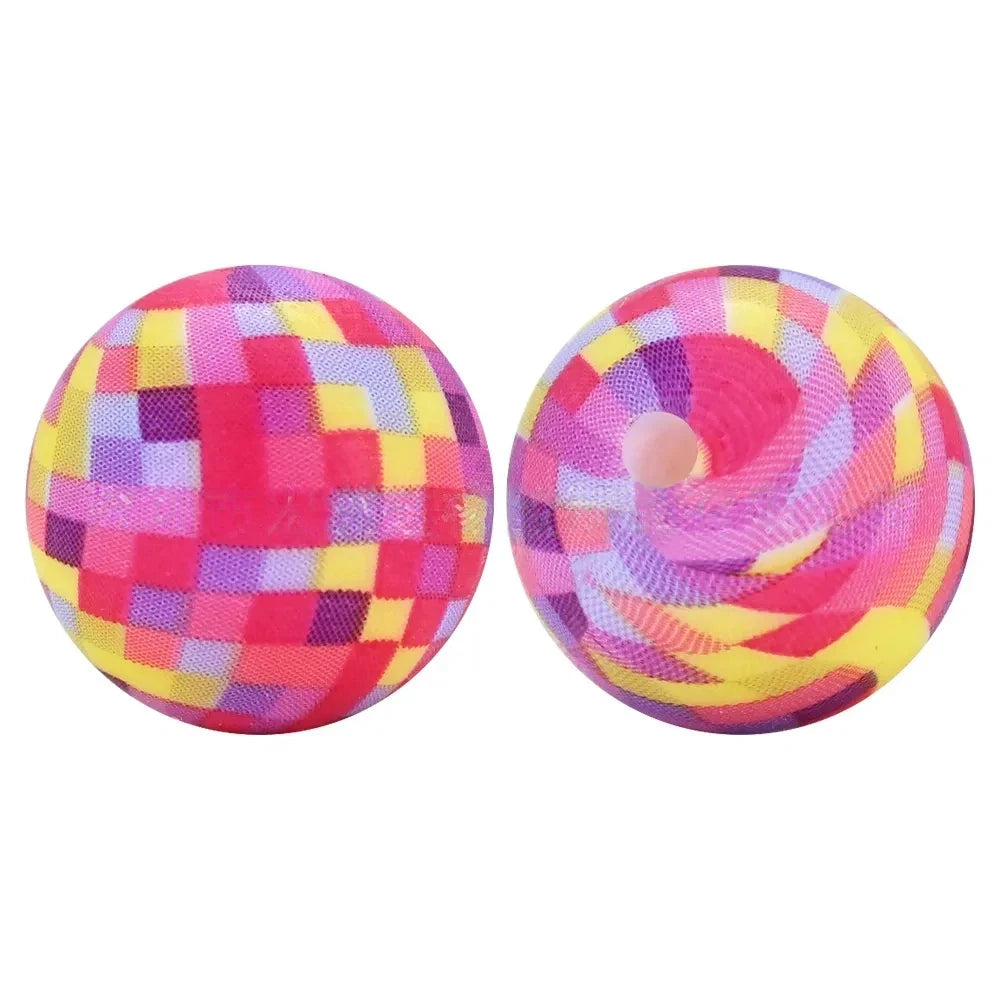 15mm Colorful Checkered Pattern Printed Silicone Bead for DIY Bracelet Keychains