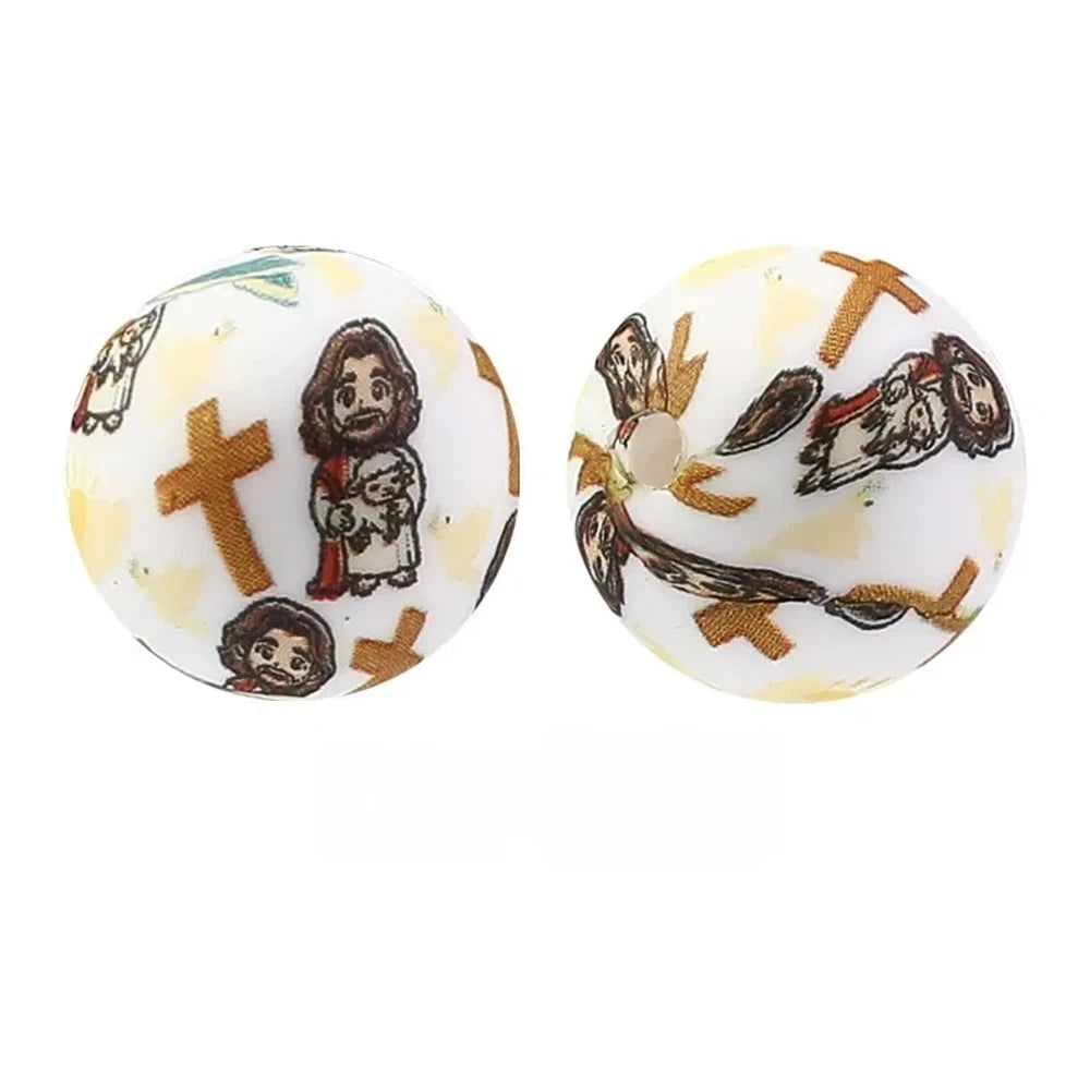 15mm Jesus Christ Printed Silicone Bead for DIY Bracelet Keychains