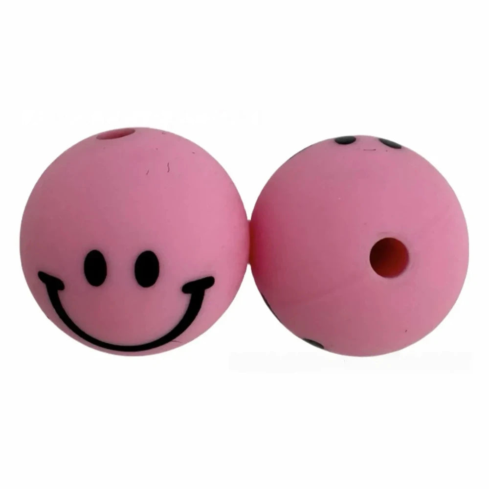 15mm Pink Smiley Face Printed Silicone Bead for DIY Bracelet Keychains