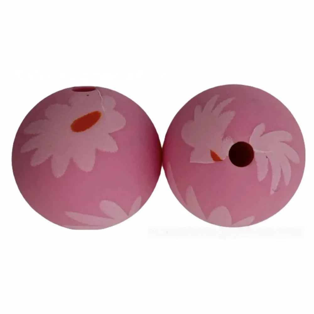 15mm Flower on Pink Printed Silicone Bead for DIY Pens Bracelet Keychains