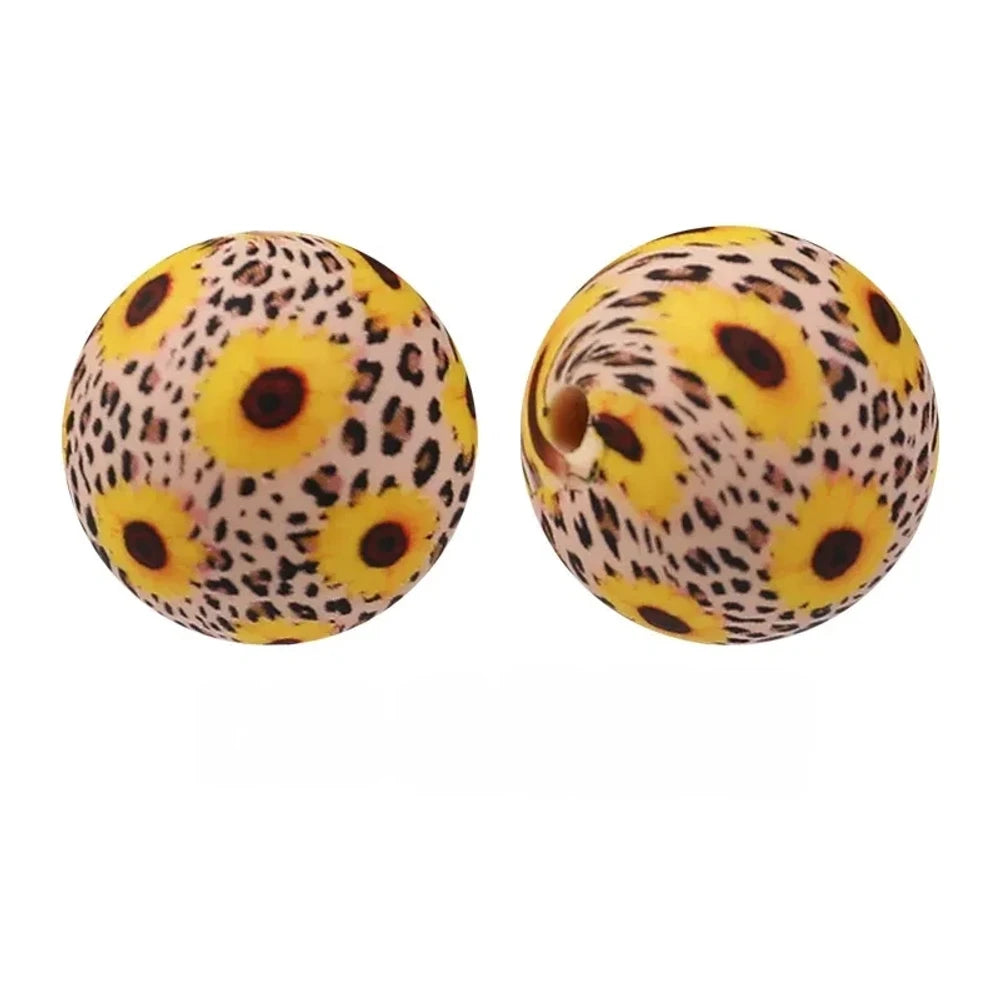 15mm Leopard Daisy Printed Silicone Bead for DIY Bracelet Keychain