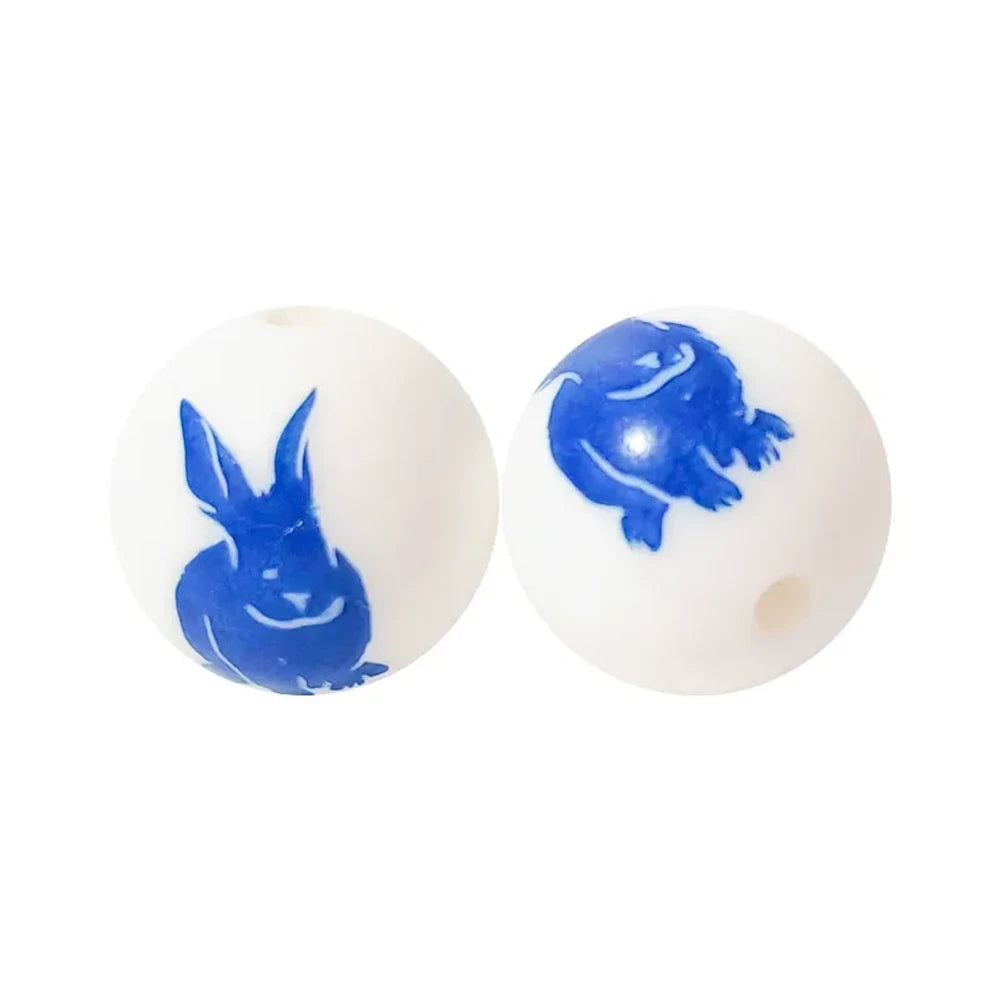 15mm Blue Bunny Printed Silicone Bead for DIY Bracelets Pens