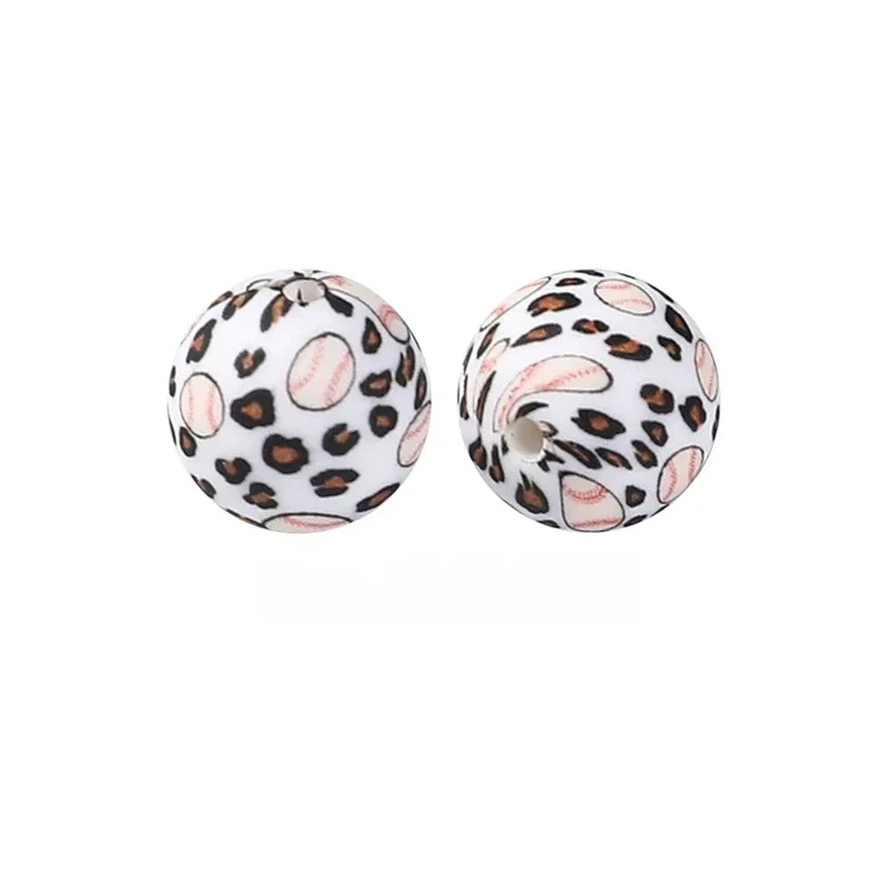 15mm Leopard Baseball Printed Silicone Bead for DIY Pens Keychain