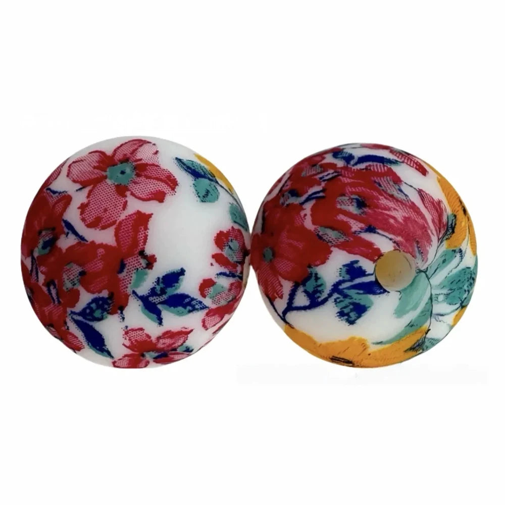 15mm Red Flowers Printed Silicone Bead for DIY Bracelet Keychains