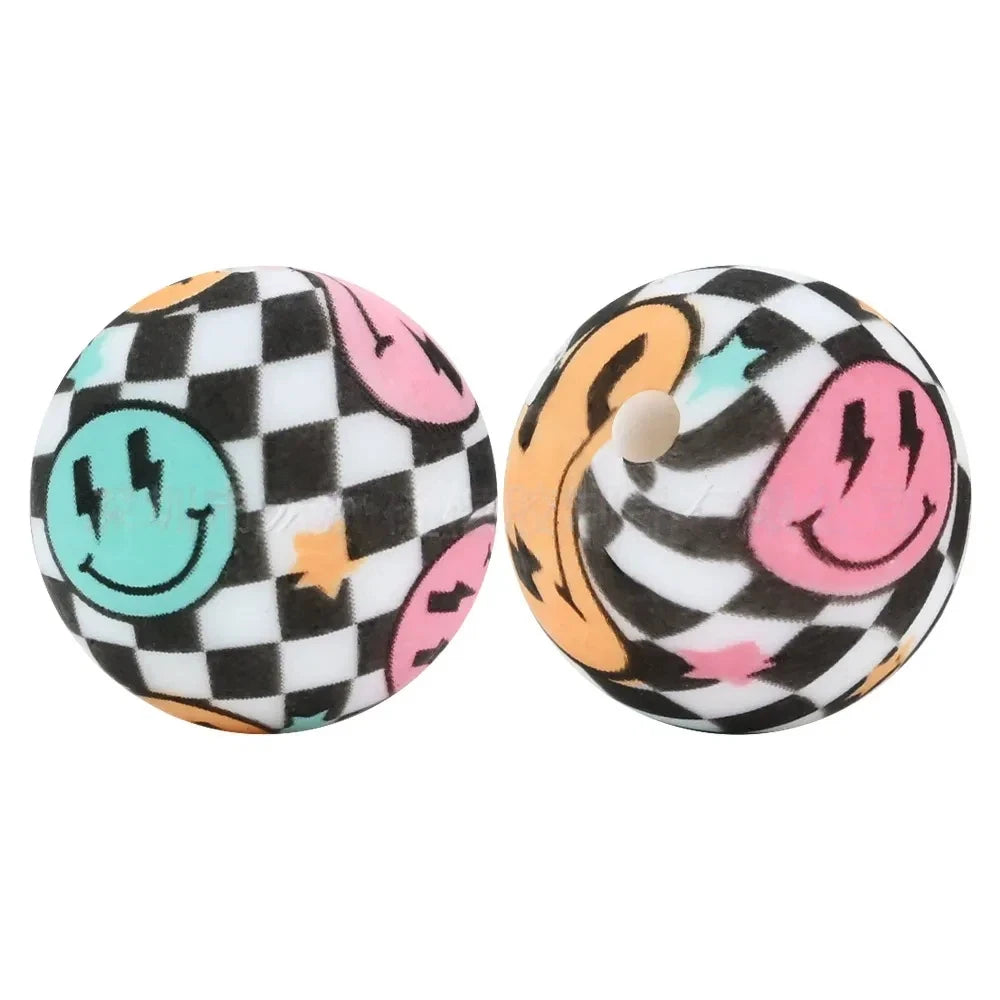15mm Smiley Face and Checkered Pattern Printed Silicone Bead for DIY Keychains Pens