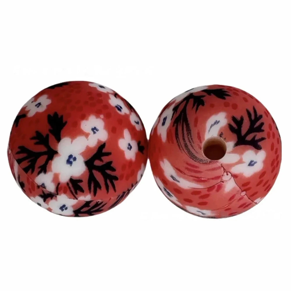 15mm Flower on Red Printed Silicone Bead for DIY Bracelet Keychains