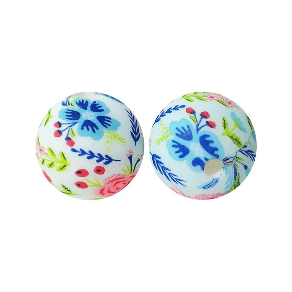 15mm Colorful Flowers Printed Silicone Bead for DIY Keychains Pens Bracelet