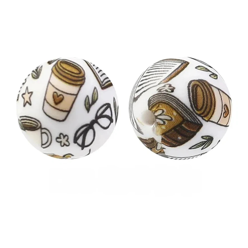 15mm Coffee Books Printed Silicone Bead for DIY Pens Keychain