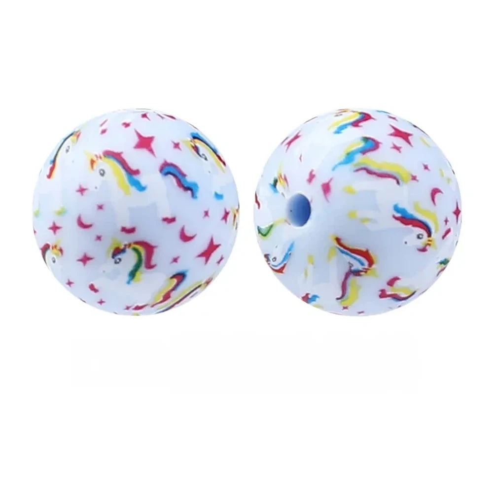15mm Unicorn Printed Silicone Bead for DIY Bracelet Keychains