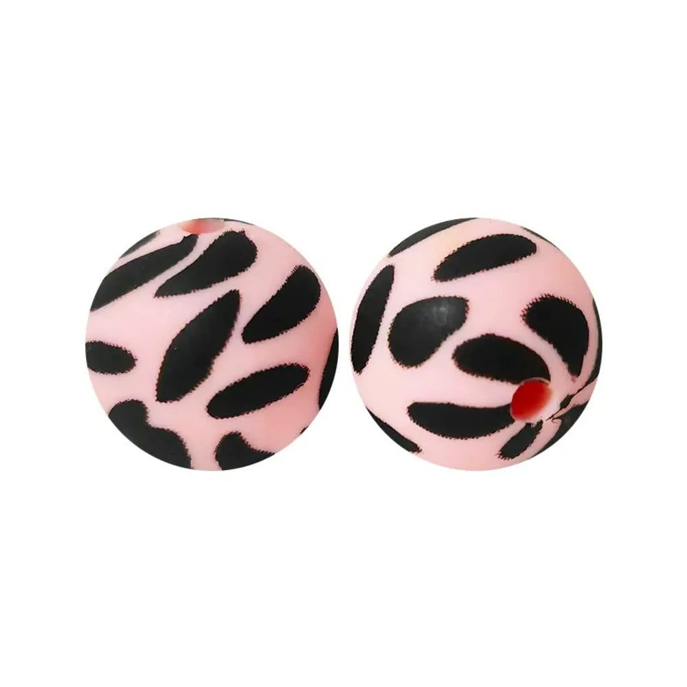 15mm Black Dots on Pink Printed Silicone Bead for DIY Pens Keychains