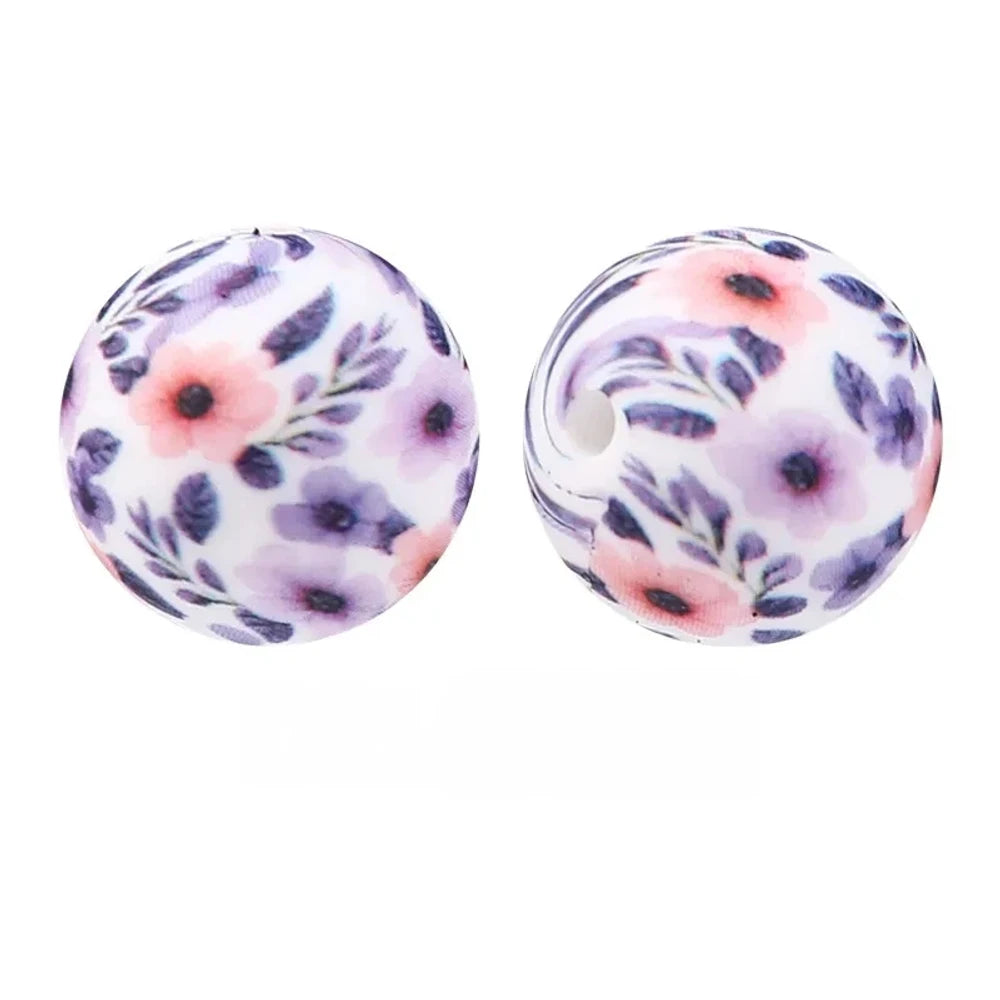 15mm Purple Pink Flower Printed Silicone Bead for DIY Bracelet Keychain
