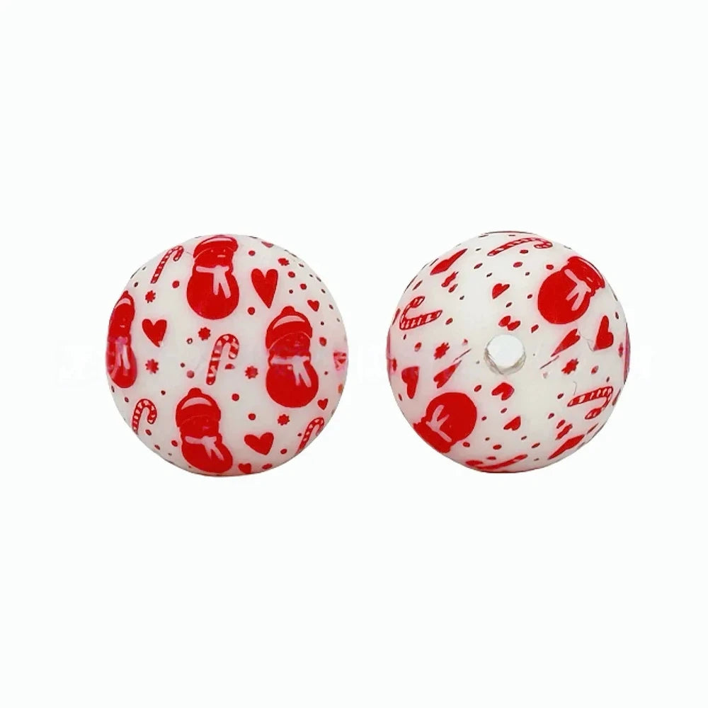 15mm Snowman Heart Printed Silicone Bead for DIY Bracelet Keychain