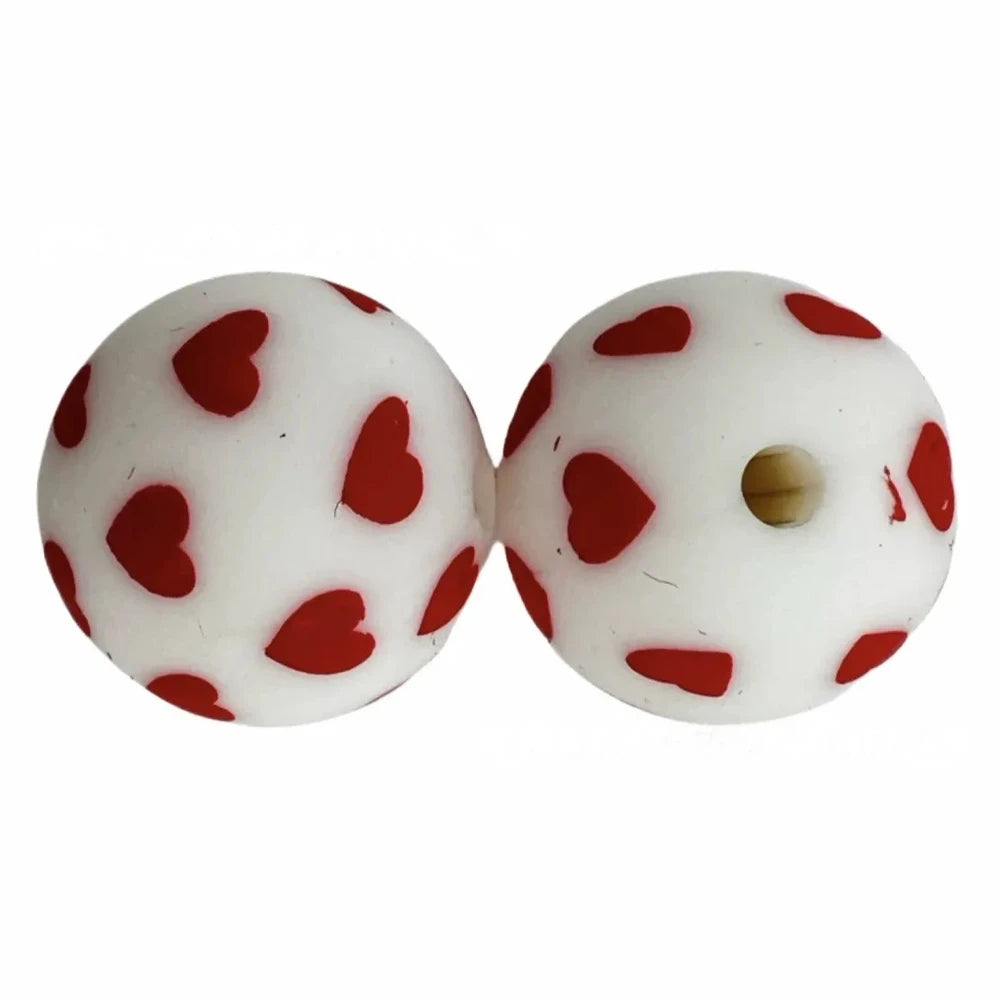 15mm Red Heart Printed Silicone Bead for DIY Bracelet Keychains