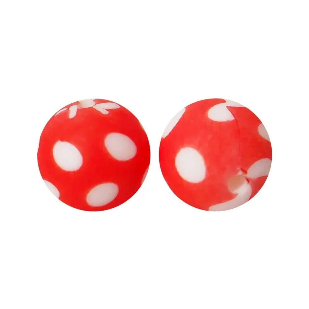 15mm White Dots on Red Printed Silicone Bead for DIY Keychains Pens Bracelet