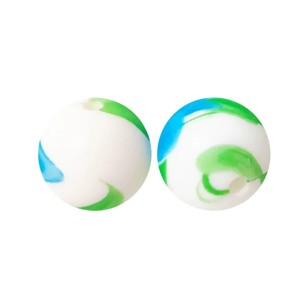 15mm Green Blue on White Printed Silicone Bead for DIY Bracelet