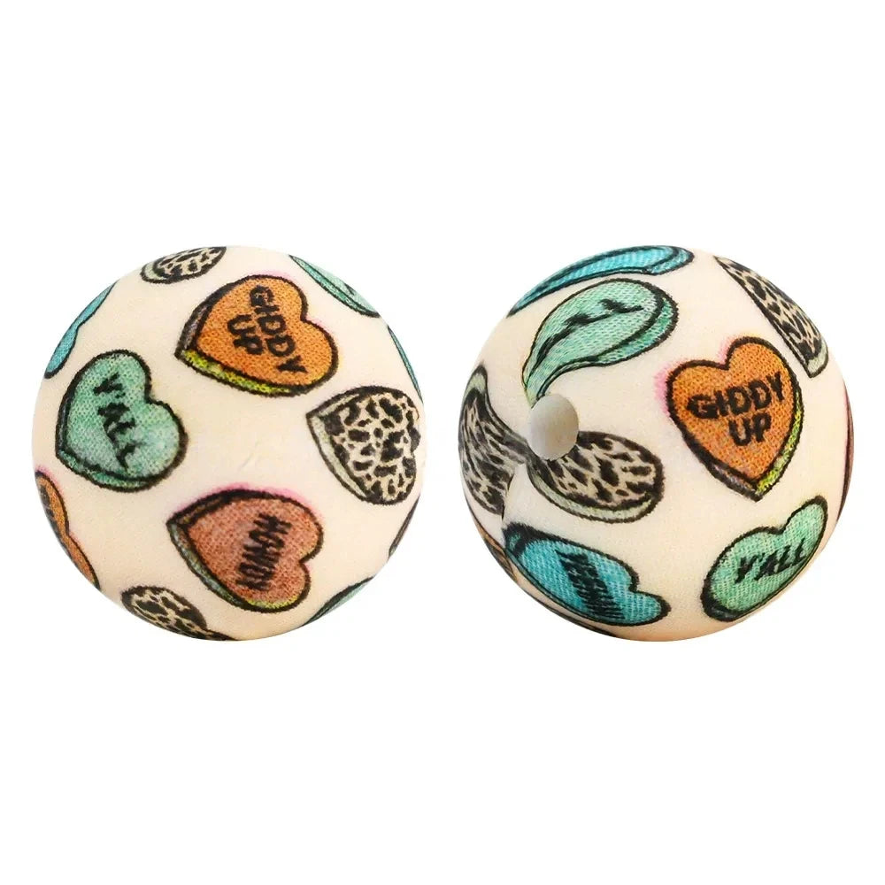 15mm Heart Printed Silicone Bead for DIY Pens Keychains