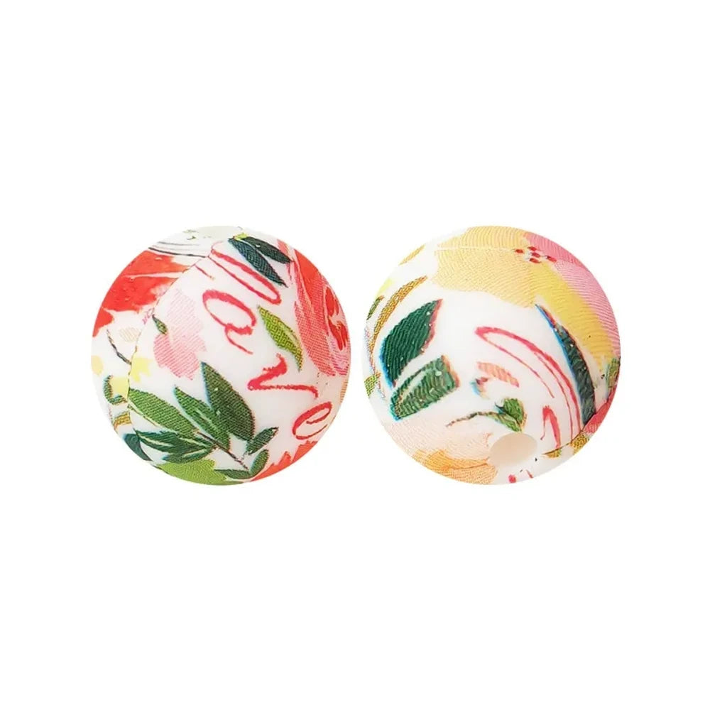 15mm Flowers and Leaves Printed Silicone Bead for DIY Keychains Pens