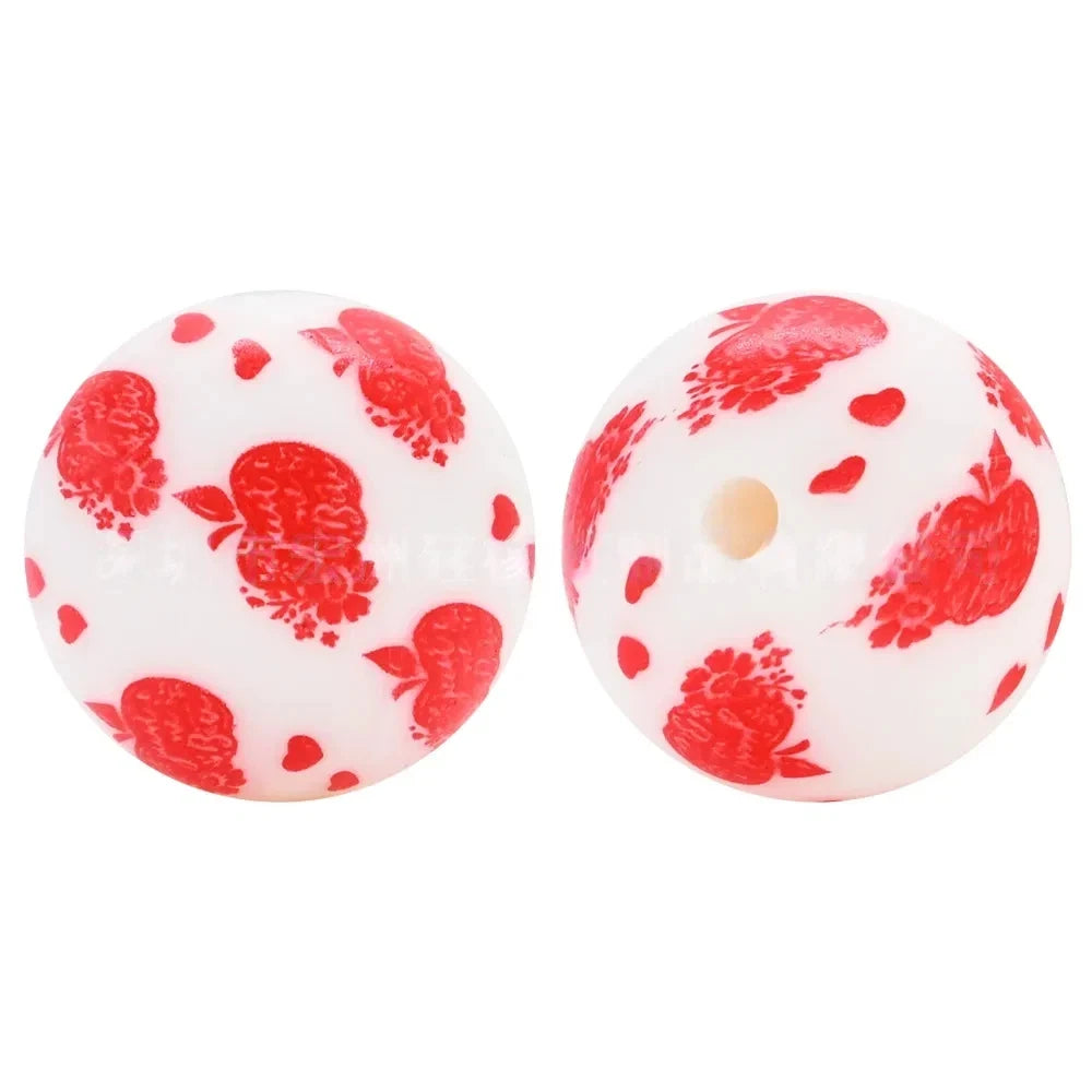 15mm Apple and Flower Printed Silicone Bead for DIY Keychains Pens