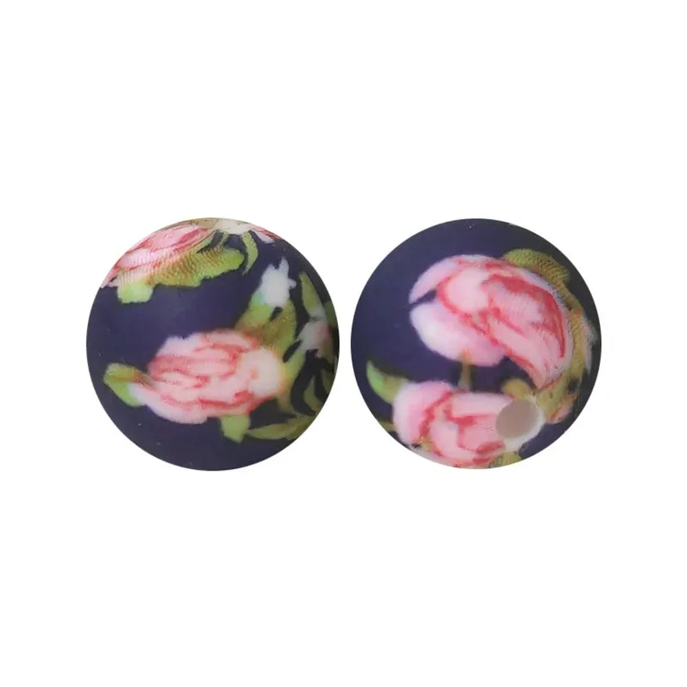 15mm Flowers Printed Silicone Bead for DIY Pens Keychains