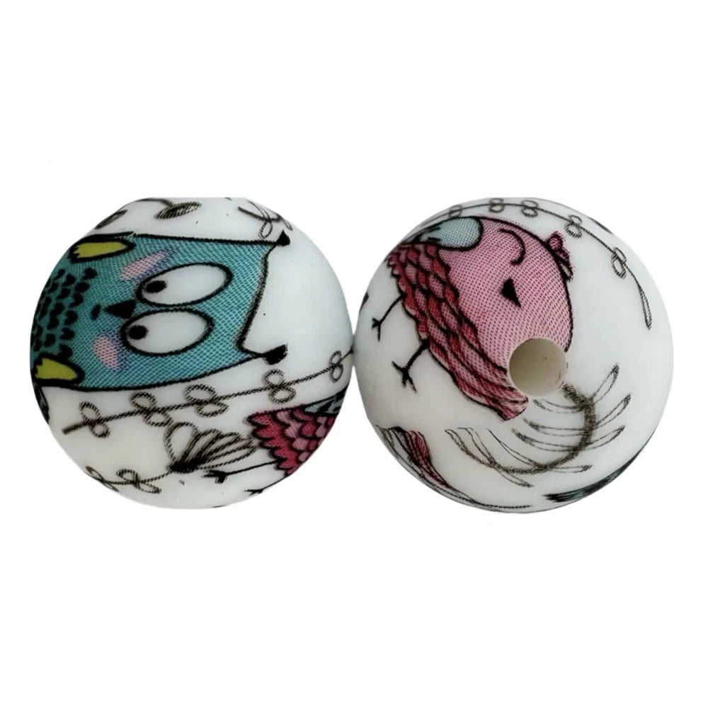 15mm Owl Printed Silicone Bead for DIY Bracelet Keychains