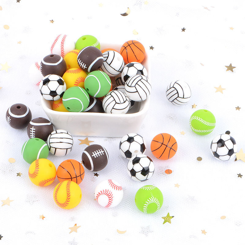 15mm Baseball Football Sports Style Silicone Beads Random Color-50PCS