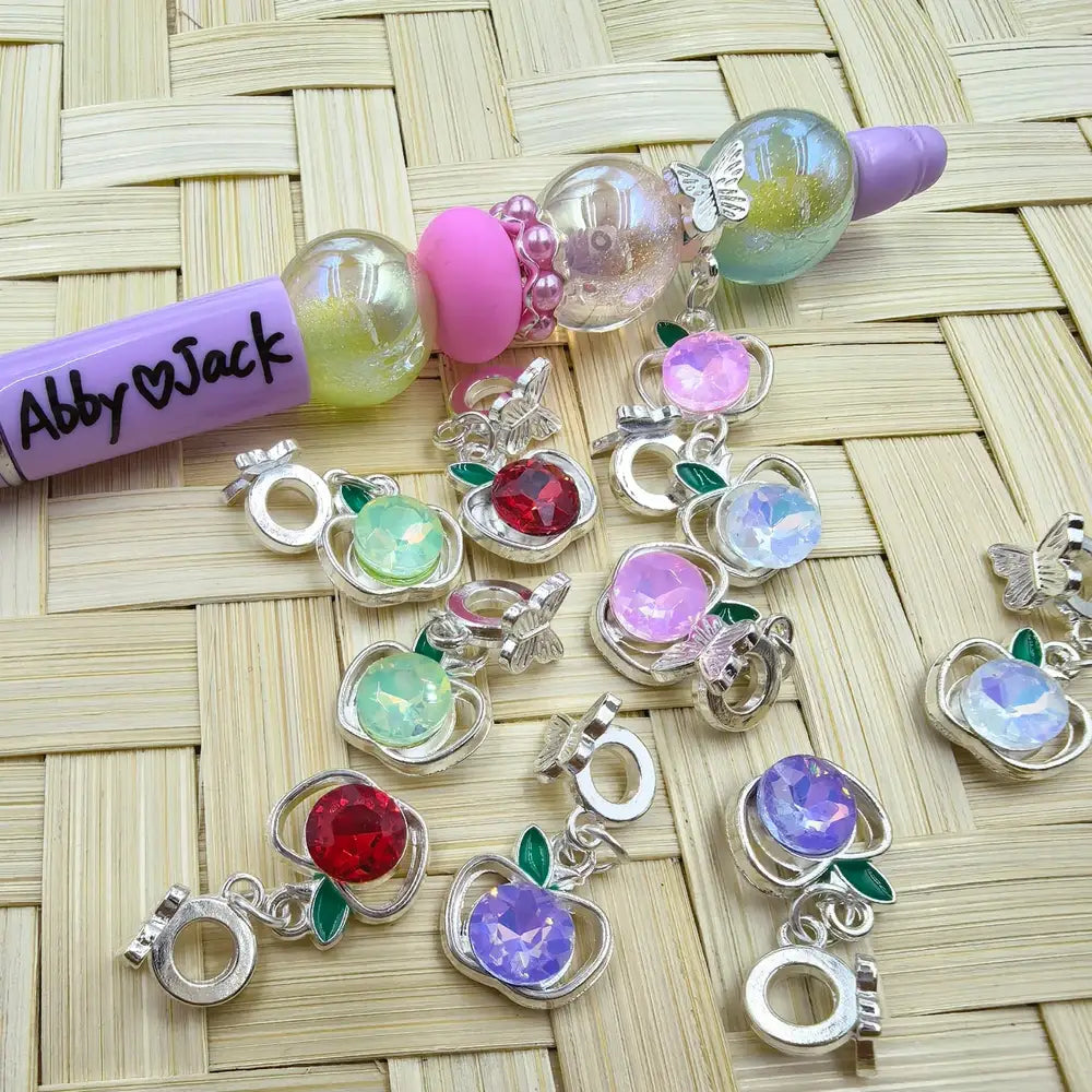 Apple Rhinestone Dangle Charm Pendant Butterfly Silver Metal Bail Beads - Random Mix