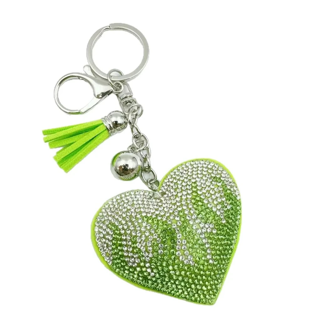 Assorted flame heart rhinestone faux leather fancy beads in green, black, pink, purple, and red with tassel and silver keychain accents - 2