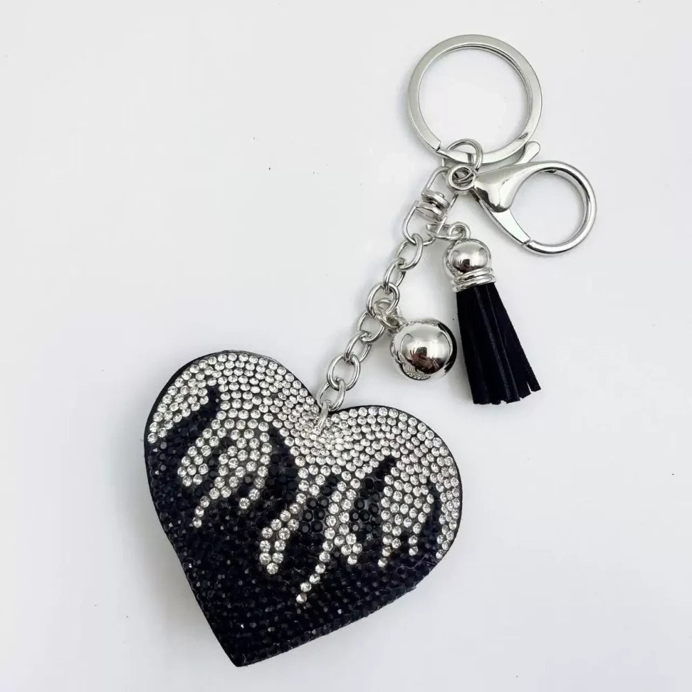 Assorted flame heart rhinestone faux leather fancy beads in green, black, pink, purple, and red with tassel and silver keychain accents - 4
