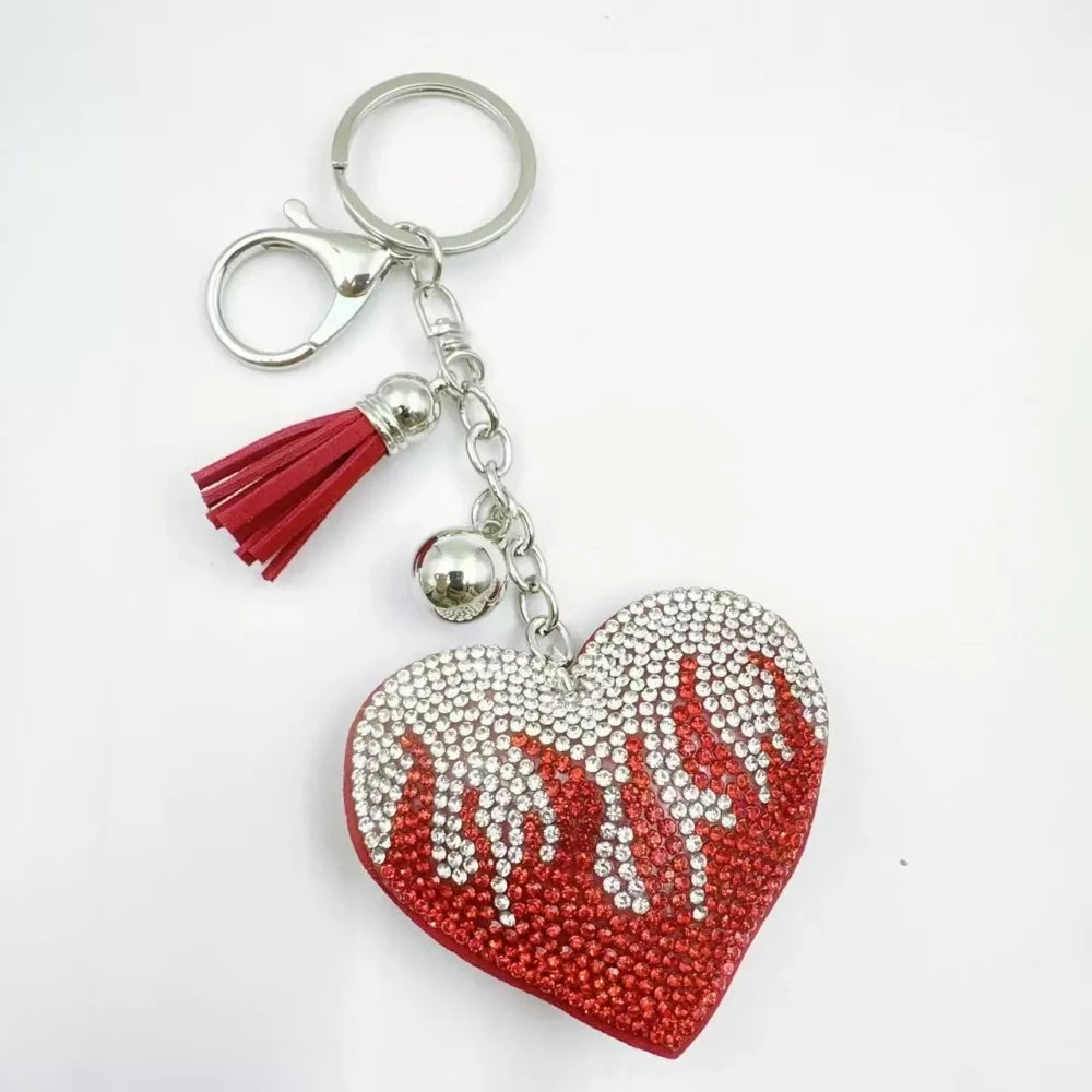 Assorted flame heart rhinestone faux leather fancy beads in green, black, pink, purple, and red with tassel and silver keychain accents - 6