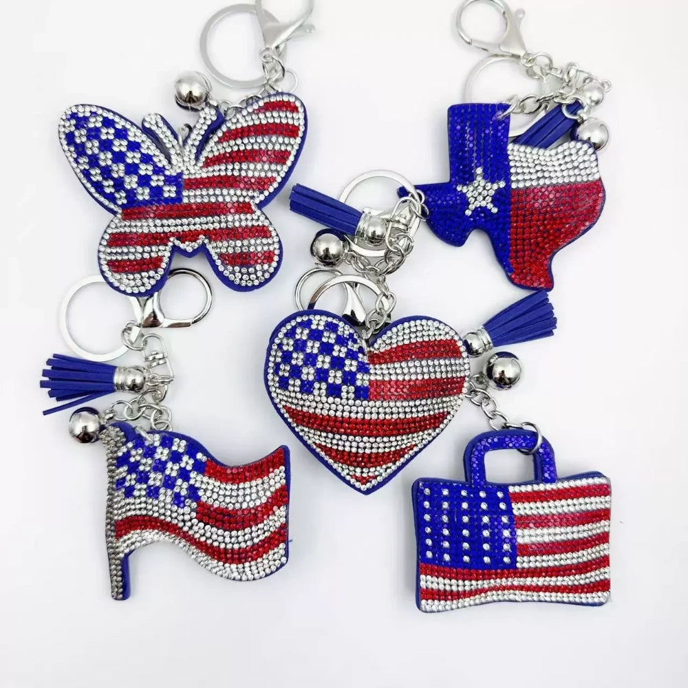 Assorted USA flag rhinestone fancy bead charms in butterfly, heart, Texas, purse, and waving flag shapes