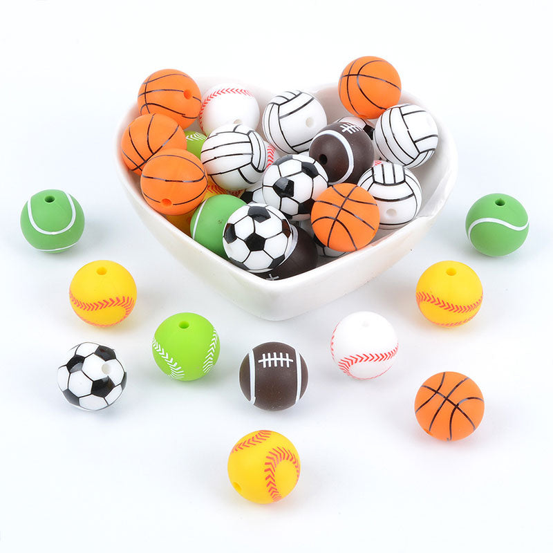 15mm Baseball Football Sports Style Silicone Beads Random Color-50PCS