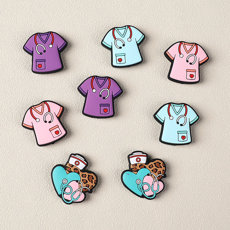 Nurse Uniform Stethoscope Leopard Heart Pattern Silicone Beads-10PCS