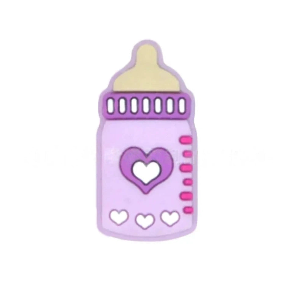 Assorted pastel silicone baby bottle flatback focal beads with heart designs in purple, teal, blue, gray, and pink on a mint background. - 3