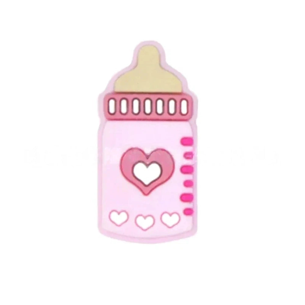 Assorted pastel silicone baby bottle flatback focal beads with heart designs in purple, teal, blue, gray, and pink on a mint background. - 4