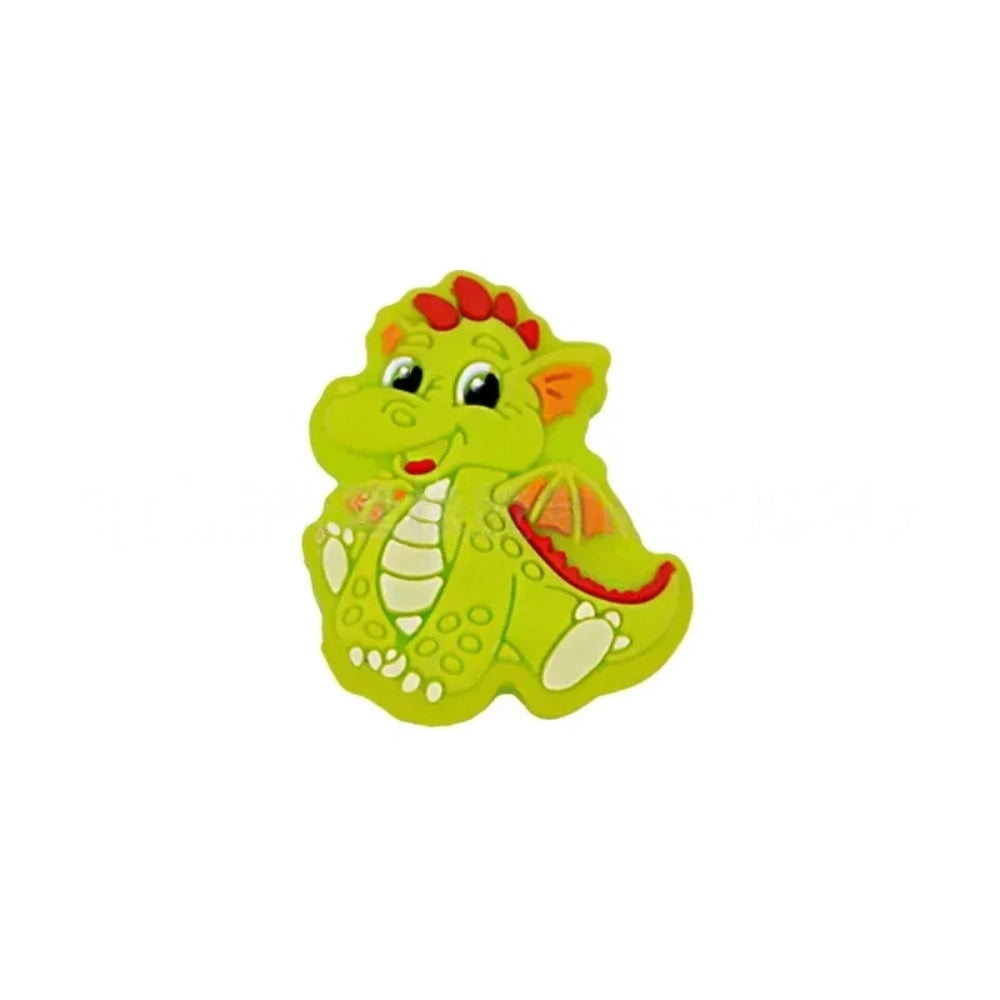 Six colorful baby dragon silicone focal beads in mint, blue, pink, green, lime, and purple displayed on white risers, featuring heart cutout belly and wing details for DIY craft projects. - Green-1
