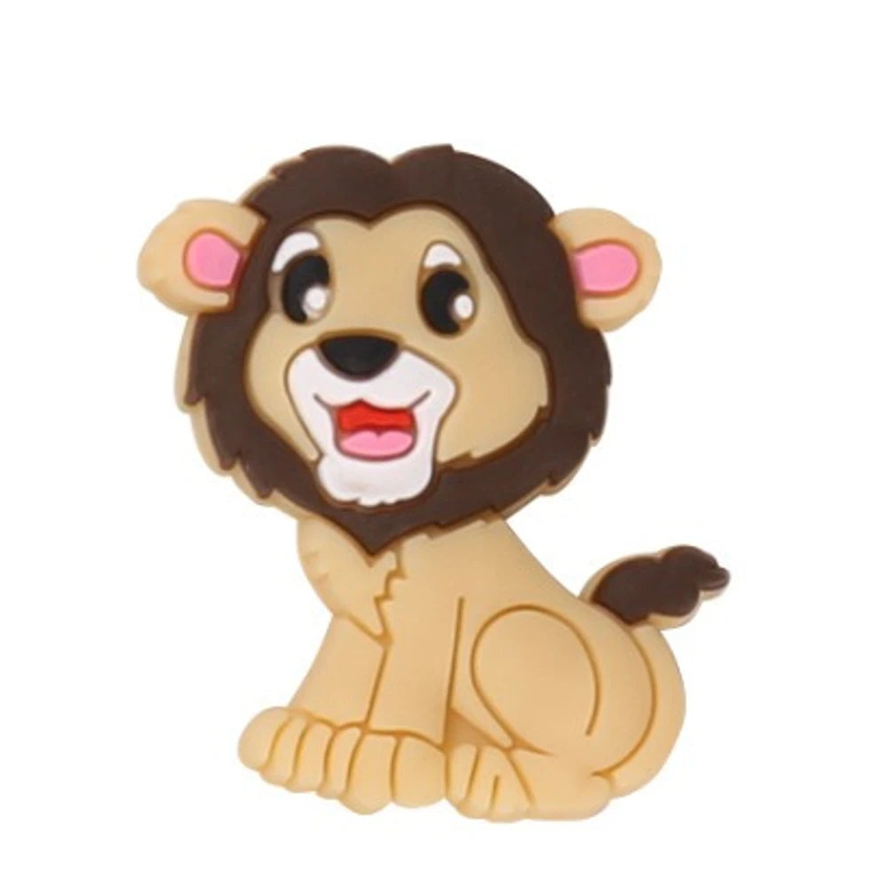 Five cartoon baby lion silicone focal beads in blue, gray, tan, pink, and mint colors, seated pose with mane detail, for DIY craft projects. - Brown