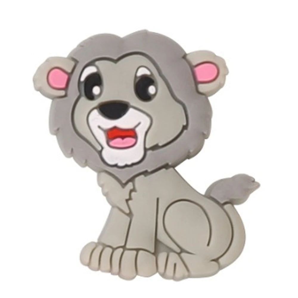 Five cartoon baby lion silicone focal beads in blue, gray, tan, pink, and mint colors, seated pose with mane detail, for DIY craft projects. - Gray