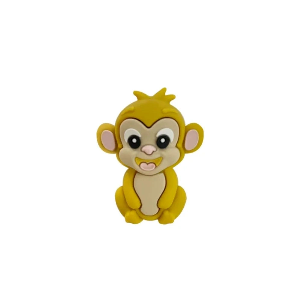 Set of 7 colorful baby monkey 3D silicone focal beads in brown, dark brown, yellow, pink, orange, rust, and purple displayed on a white pedestal with yellow background. - 6