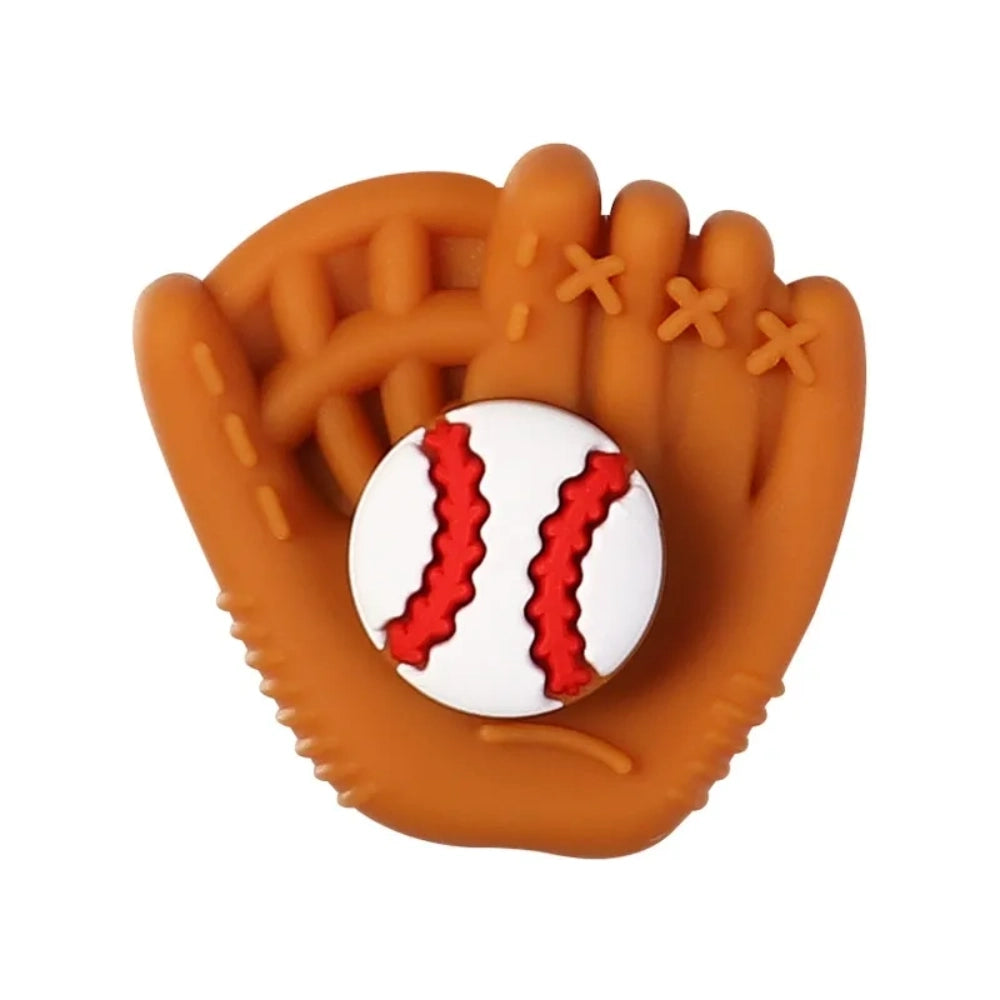 Assorted baseball themed silicone focal beads including baseball gloves, jerseys, cheerleader uniforms, bow ties, and gnome characters in red, white, blue, and yellow on a mint background. - Baseball Glove