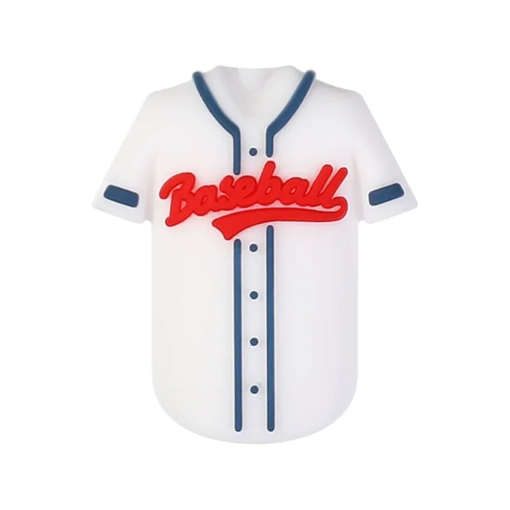 Assorted baseball themed silicone focal beads including baseball gloves, jerseys, cheerleader uniforms, bow ties, and gnome characters in red, white, blue, and yellow on a mint background. - Baseball jersey