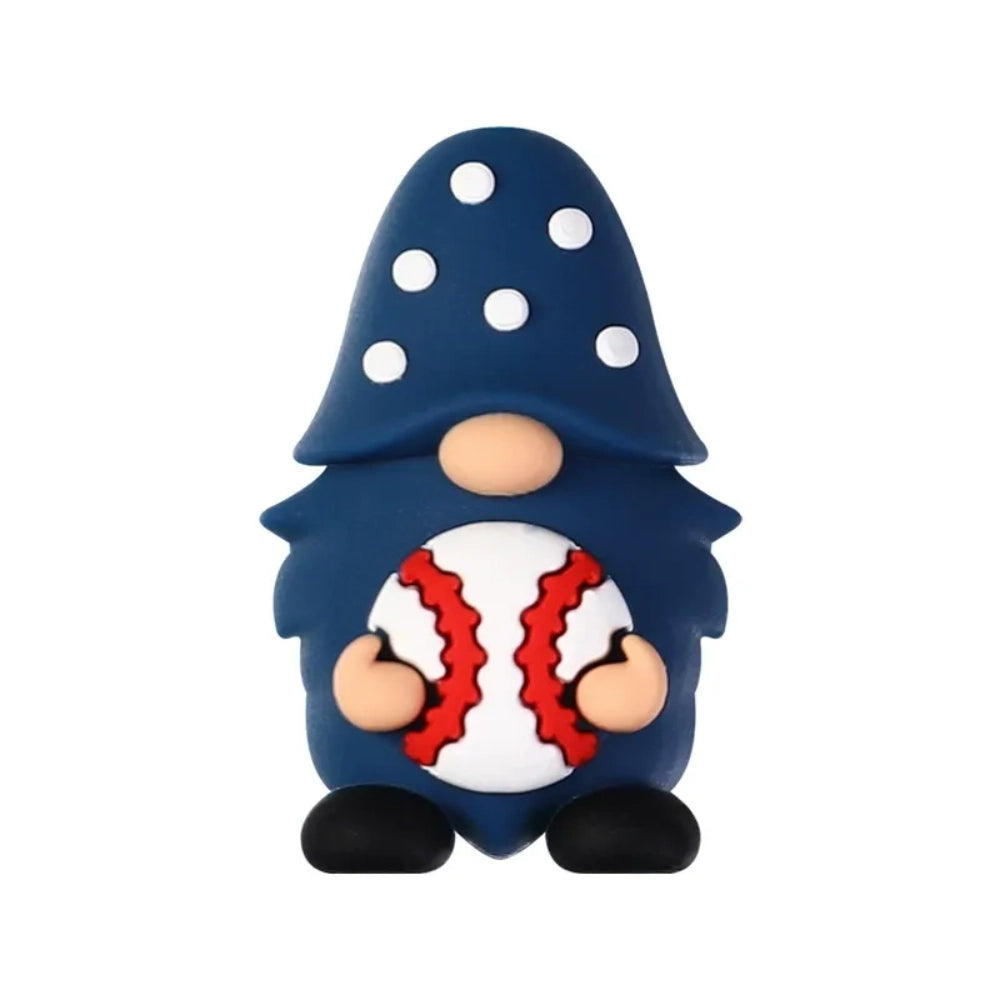 Assorted baseball themed silicone focal beads including baseball gloves, jerseys, cheerleader uniforms, bow ties, and gnome characters in red, white, blue, and yellow on a mint background. - Gnome