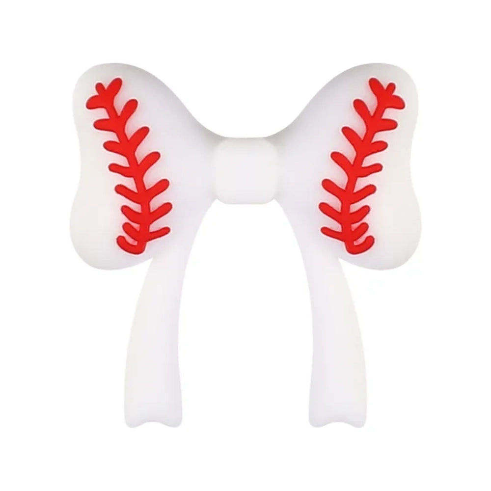 Assorted baseball themed silicone focal beads including baseball gloves, jerseys, cheerleader uniforms, bow ties, and gnome characters in red, white, blue, and yellow on a mint background. - White Bow
