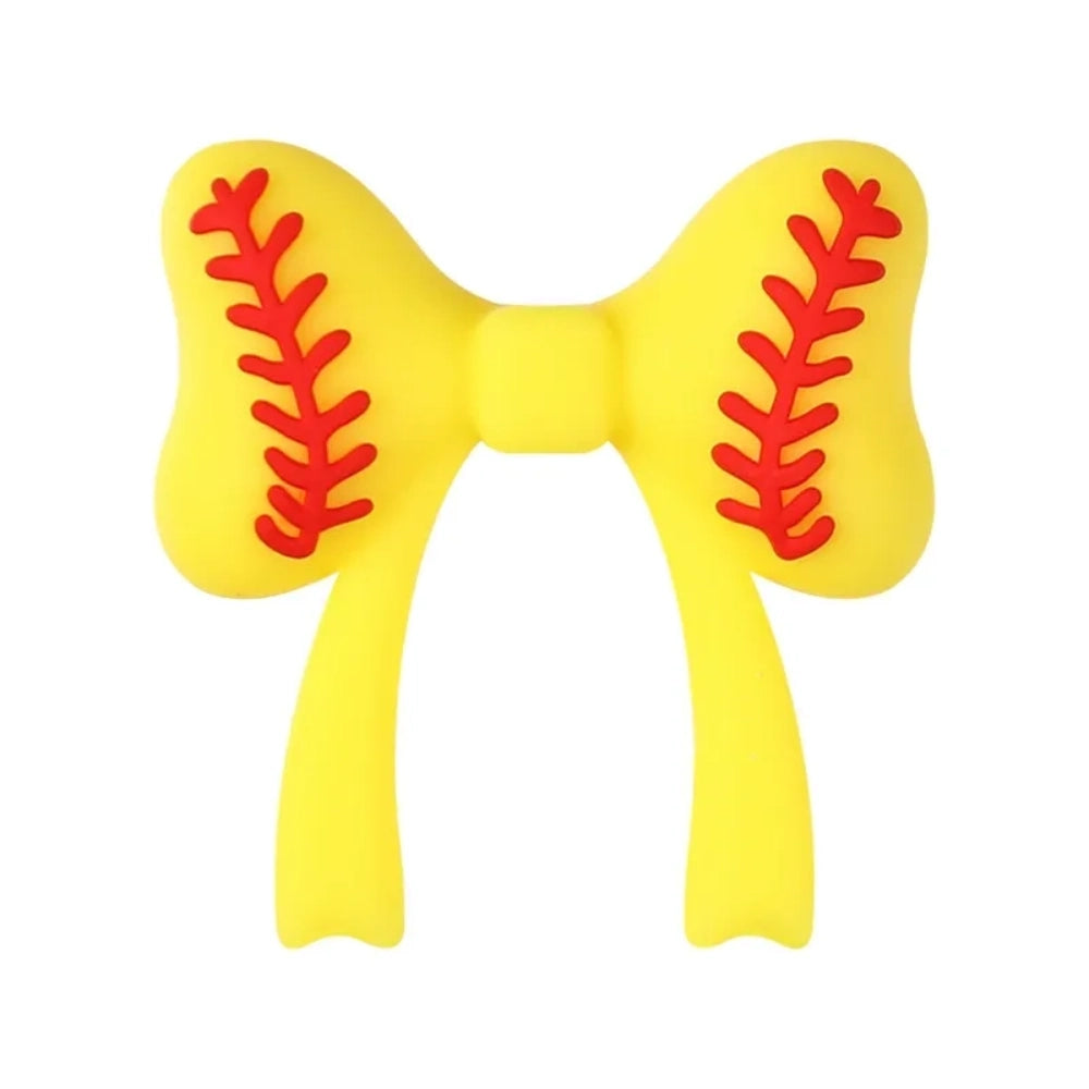 Assorted baseball themed silicone focal beads including baseball gloves, jerseys, cheerleader uniforms, bow ties, and gnome characters in red, white, blue, and yellow on a mint background. - Yellow Bow