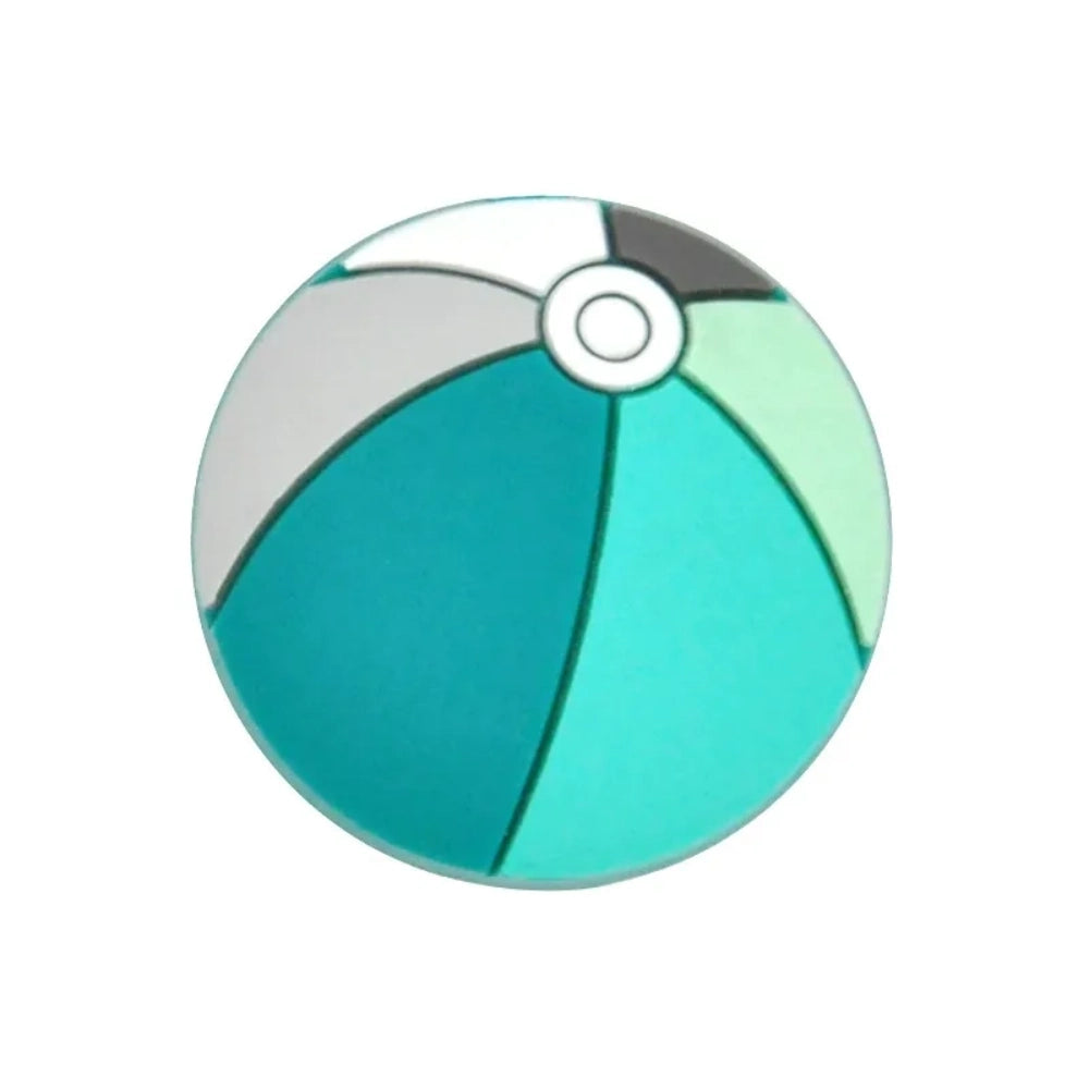 Colorful beach ball silicone focal beads in assorted multicolor designs including blue, red, purple, and teal panels with white center detail, shown in a pile on white background. - 2