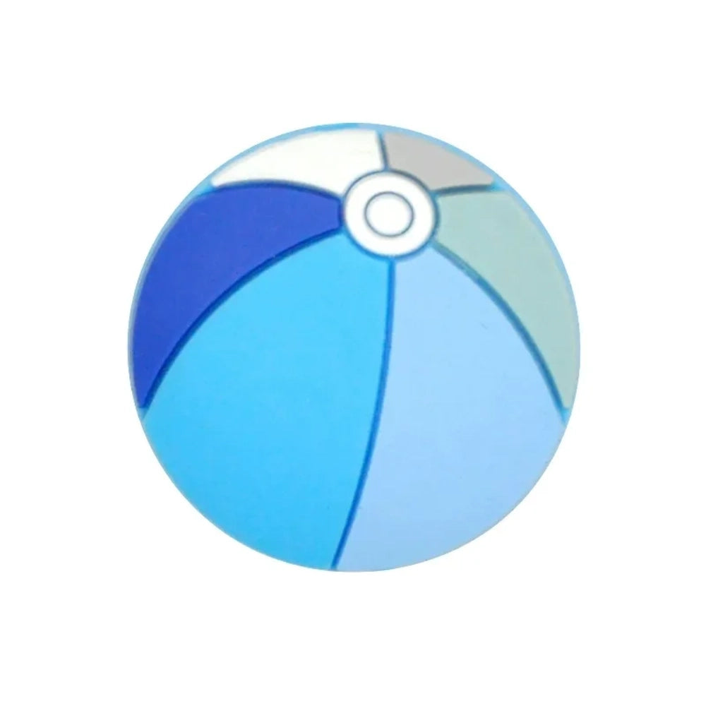 Colorful beach ball silicone focal beads in assorted multicolor designs including blue, red, purple, and teal panels with white center detail, shown in a pile on white background. - 5