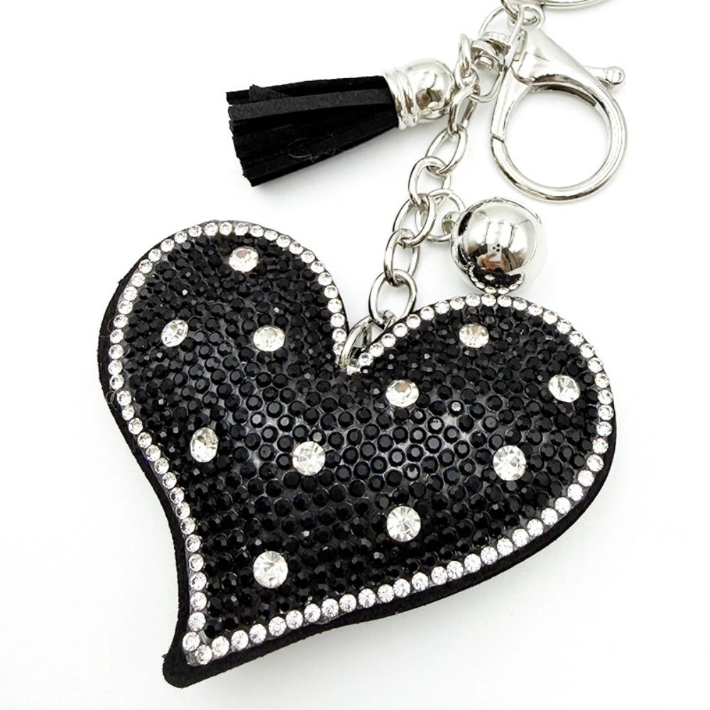 Black rhinestone crystal heart keychain charm with white accent gems, black tassel, silver chain and lobster clasp for DIY jewelry making