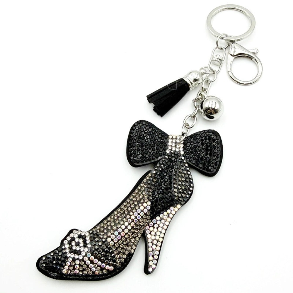 Black crystal rhinestone high heel shoe keychain charm with bow, tassel, and silver bell accents for DIY jewelry making